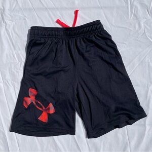 Under Armour Boys Athletic Shorts in Black with Orange/Red Logo, Size YSM